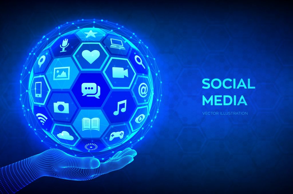 Social media global connection concept. Social networking and blogging. Abstract 3D sphere or globe with surface of hexagons with a different social media icons in wireframe hand. Vector
