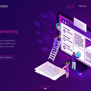 Content marketing banner. Social media advertising, seo optimization concept. Vector landing page of digital business strategy, promotion with video and text creation. Isometric writing people